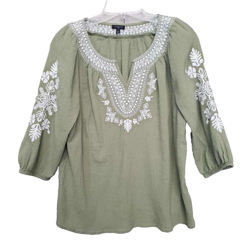 Talbots Petite Green Gauzy Embroidered 3/4 Sleeve Cotton Blouse Size LP